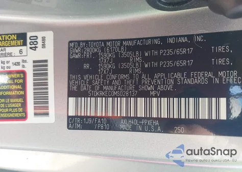 2021 Toyota Sienna Le из США, поврежденный, VIN 5TDKRKEC0MS028137